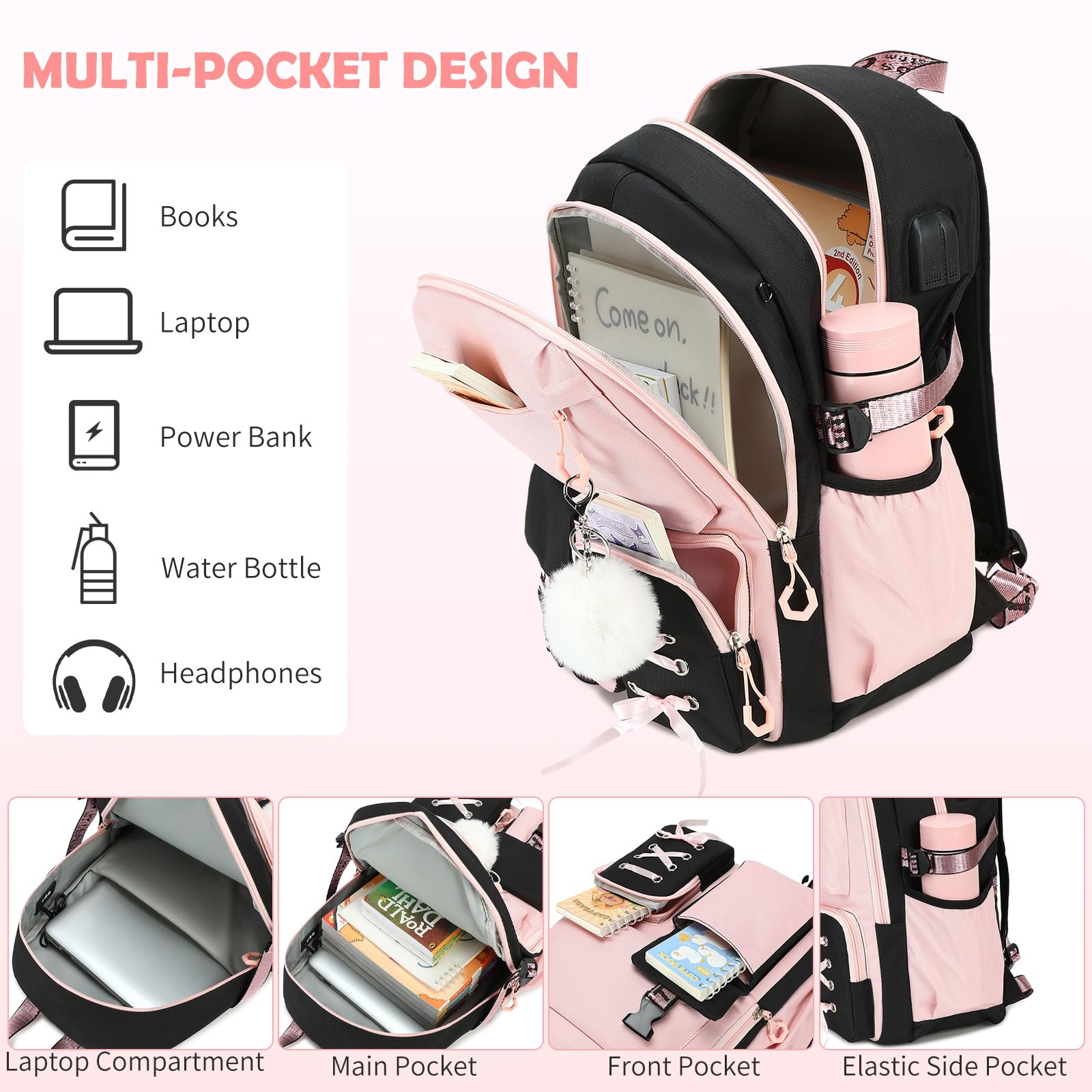 Ensemble Cartable Fille Primaire Collège 2 Pièces, Noir-Rose, 25L