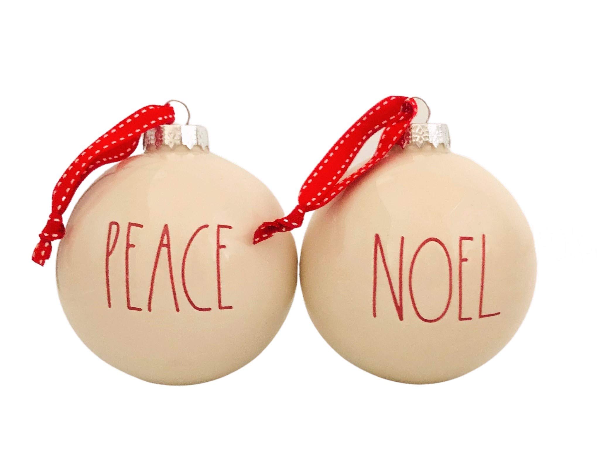 Rae Dunn Set of 2 White Ball Christmas Ornaments, Peace & Noel in Red Letters Ceramic Holiday Ornaments for Christmas Tree with Red Hanging Ribbon
