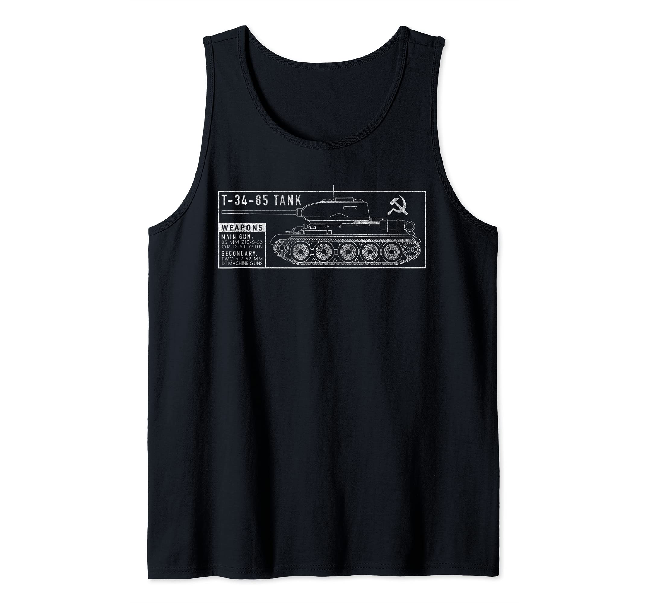 T-34 85 WW2 Tank Russian World War Two Tanks Blueprint Tank Top, Black