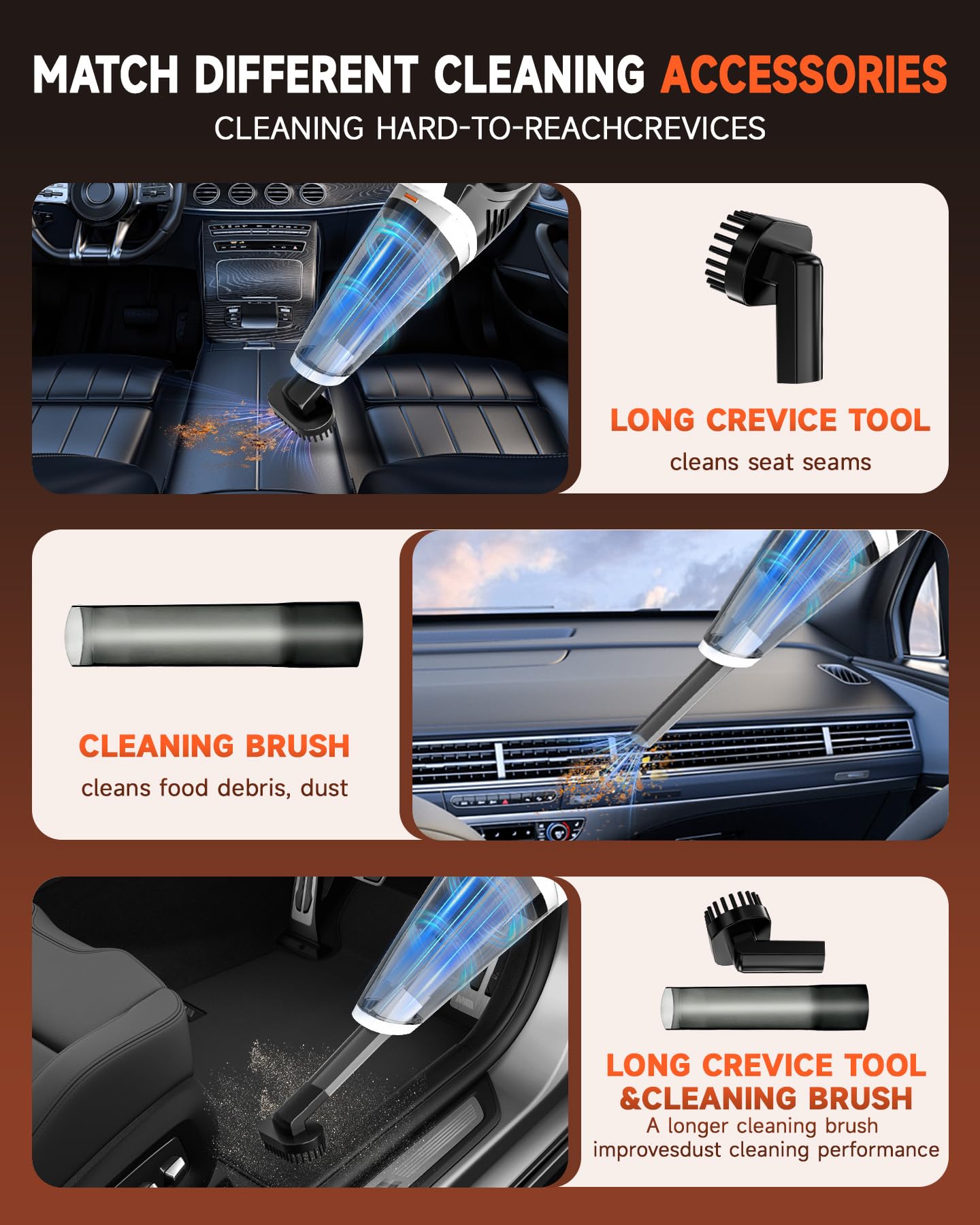 TANYO Aspirabriciole Senza Fili 4 IN 1, 12000PA Potente Aspirapolvere Auto con Motore Brushless, Mini Aspirapolvere Portatile con Filtro HEPA e Multipli Accessori, per Capelli, Casa, Ufficio, Cucina