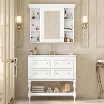 Virubi 36" Bathroom Vanity Set with Sink & Medicine Cabinet, White | Freestanding Sink Vanity with 4 Drawers & Open Shelf. Matching Wall-Mounted Medicine Cabinet with Mirror & Adjustable Shelf
