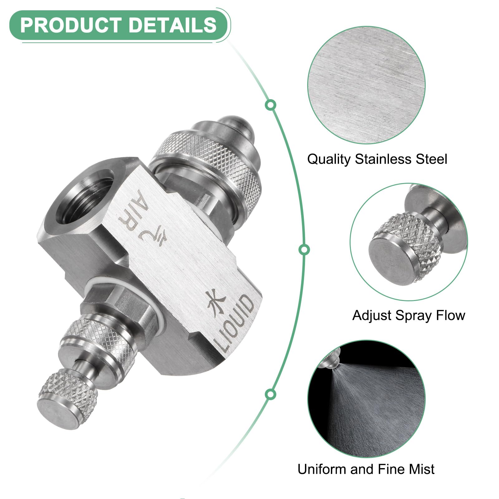 Boquilla de pulverización de aire, rosca hembra BSPT de 1/4", boquilla de pulverización de abanico plano de sifón de acero inoxidable de 80 grados, boquilla de flujo ajustable con cinta de sellado p
