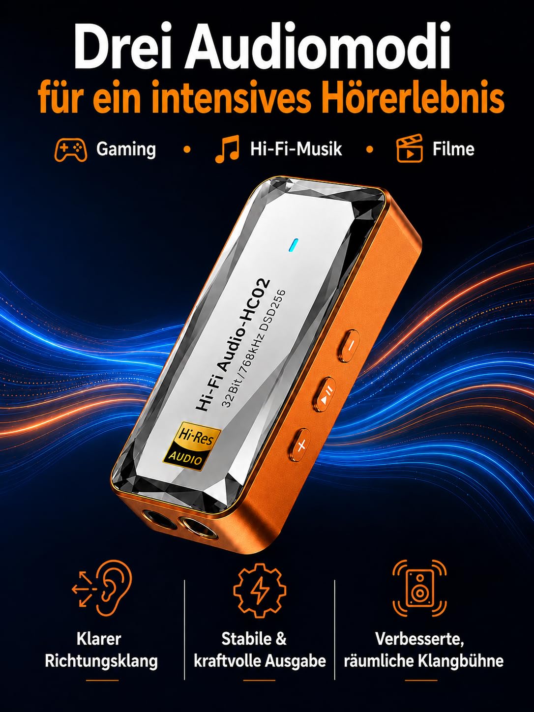 USB-C DAC Kopfhörerverstärker, 3,5 mm und 4,4 mm, HiFi DAC Dongle mit CS43198, 32 Bit/768 kHz, DSD256, tragbarer Audioadapter für Smartphone, Tablet, Laptop und PC, Orange
