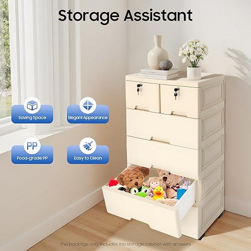 Miniatura 3 de Cómoda de cajones de plástico, armario de almacenamiento con 6 cajones, organizador alto para ropa, sala de juegos, muebles de dormitorio, 5 ruedas,