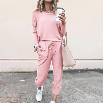 Tatumaie Womens Fall Sweatsuits 2025 2 Piece Lounge Sets Trendy Solid Pullover Top Jogger Clothes Tracksuit Set Outfits