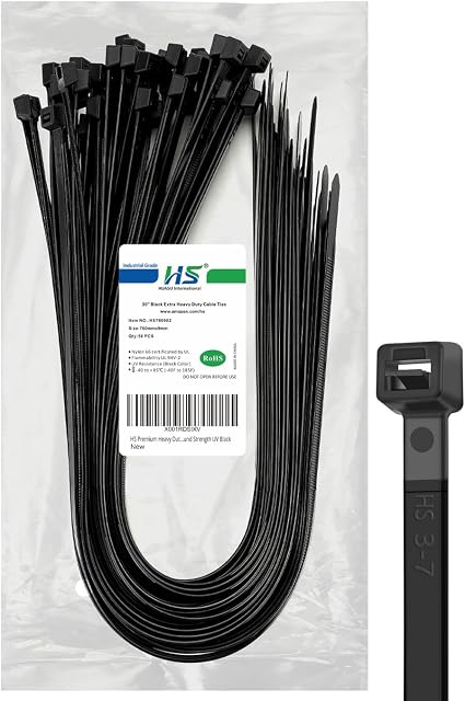HS Long Zip Ties Heavy Duty 30 Inch Zap Straps UV Resistant 175 LBS Loop Strength Plastic Large Cable Ties 50 Pack,Black