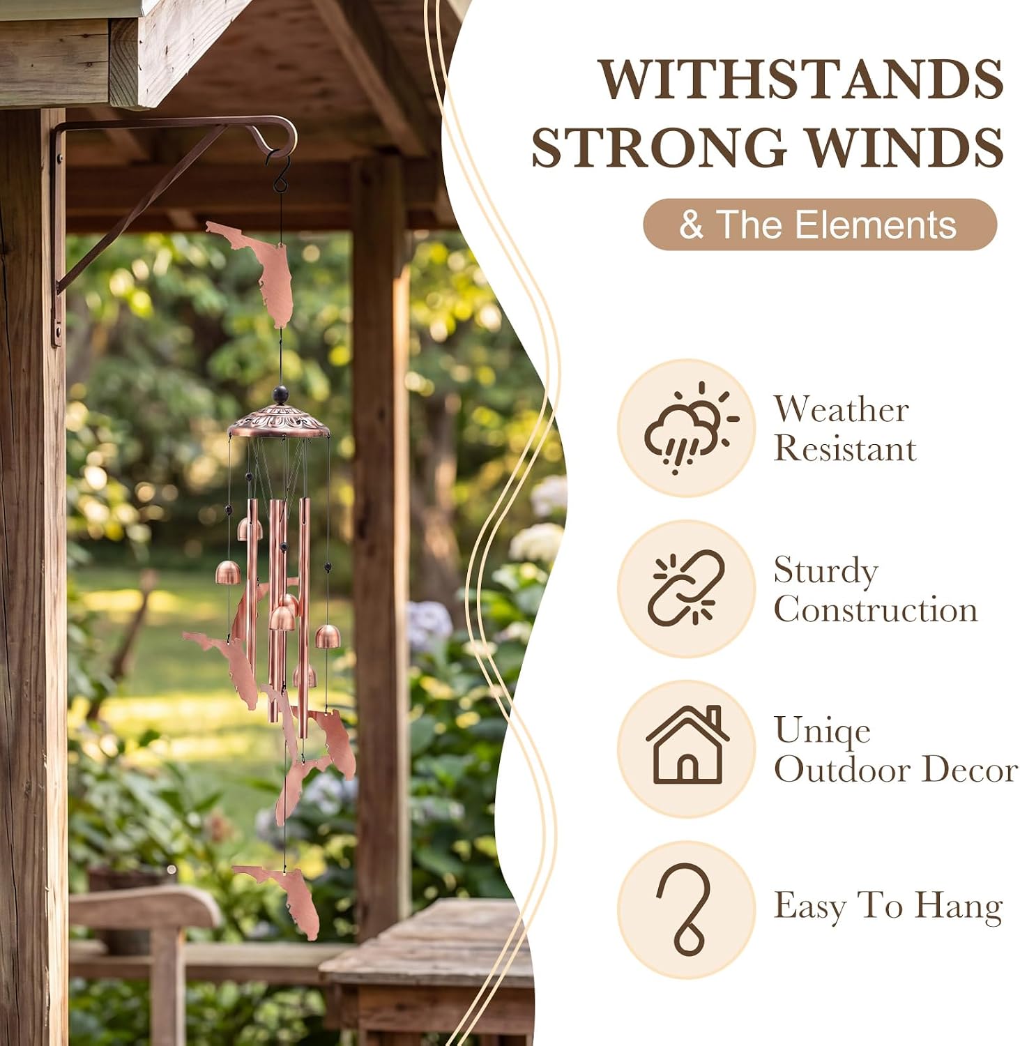 Yuntau Florida Decor Wind Chimes Florida Gifts Souvenirs 36" Outdoor State Map Memorial Wind Chimes with 4 Aluminum Tubes for Garden Hanging Patio Decor