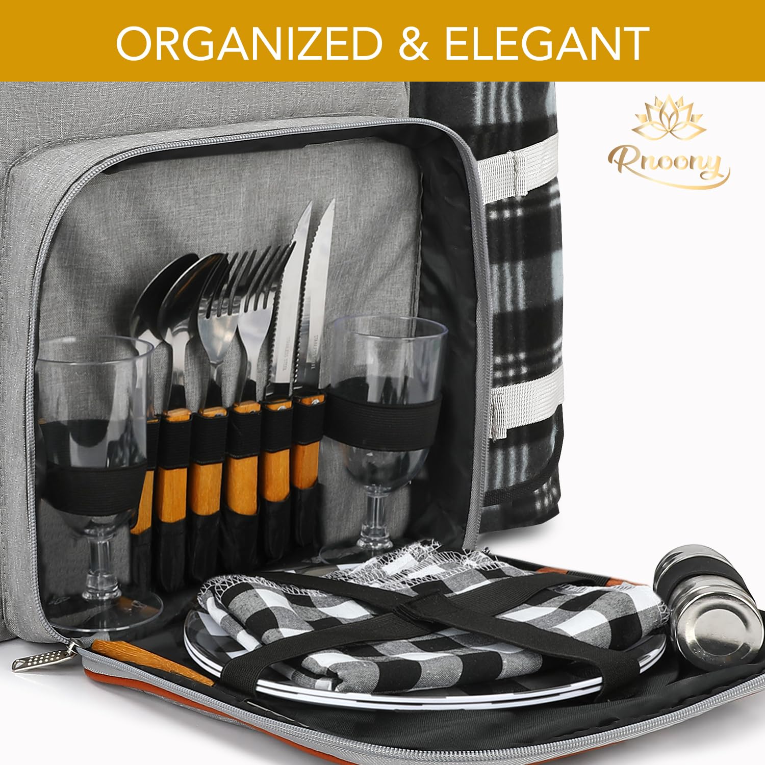 Rnoony Großer Picknickrucksack für 2, Picknickkorb für 2 mit isoliertem Kühler und Flaschentasche, Picknicktasche mit Leichter Decke und Besteckset für Familie, Paar und Wandern