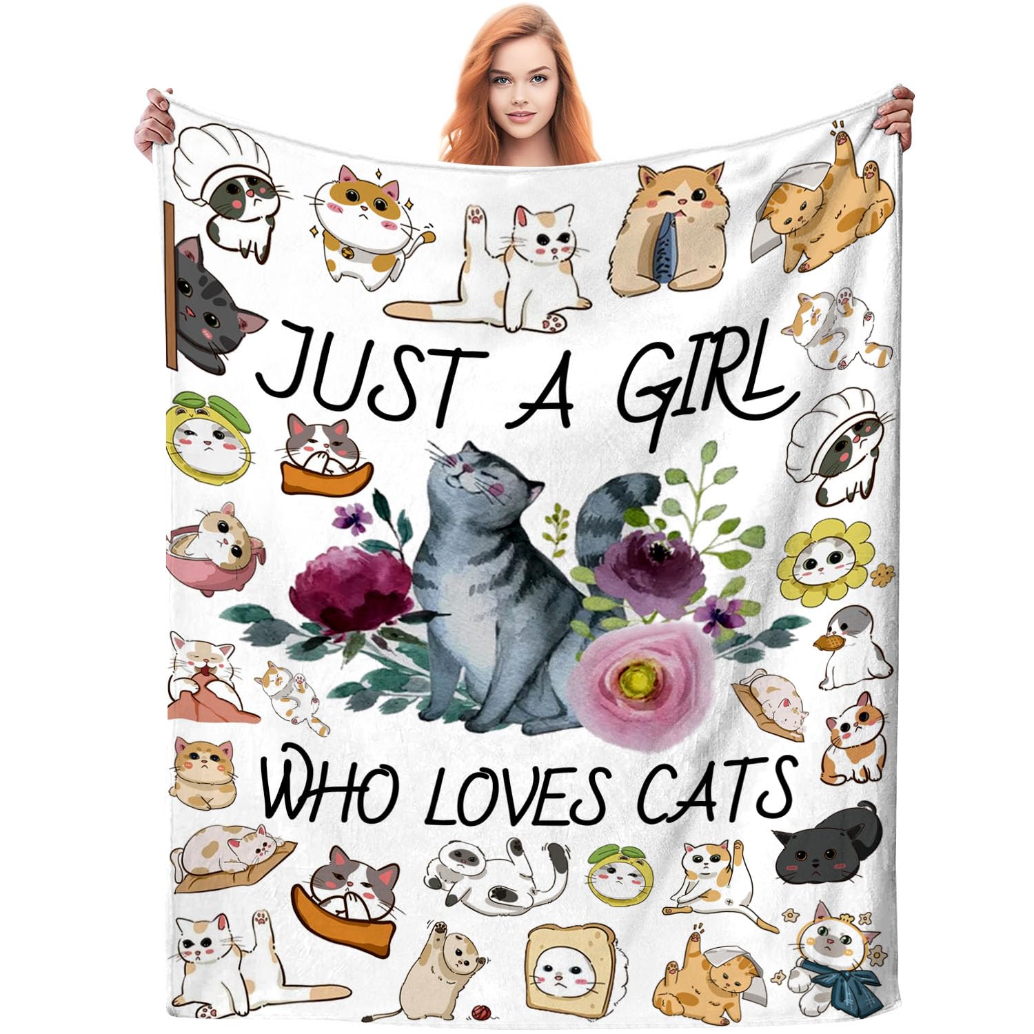 Katzendecke, ultraweiche Flanell-Überwurfdecke, "Just a Girl", das Katzen liebt, Decken, Katzengeschenke für Katzenliebhaber, gemütliche, leichte Decken für Damen, Kinder, Erwachsene, 203 x 152 cm