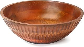 12" x 4" Wood bowl with hand carved pattern | 4.3 quarts capacity | wooden bowl for food, serving salads, pasta, cereal or popcorn | kitchen counter centerpiece bowl for fruits |