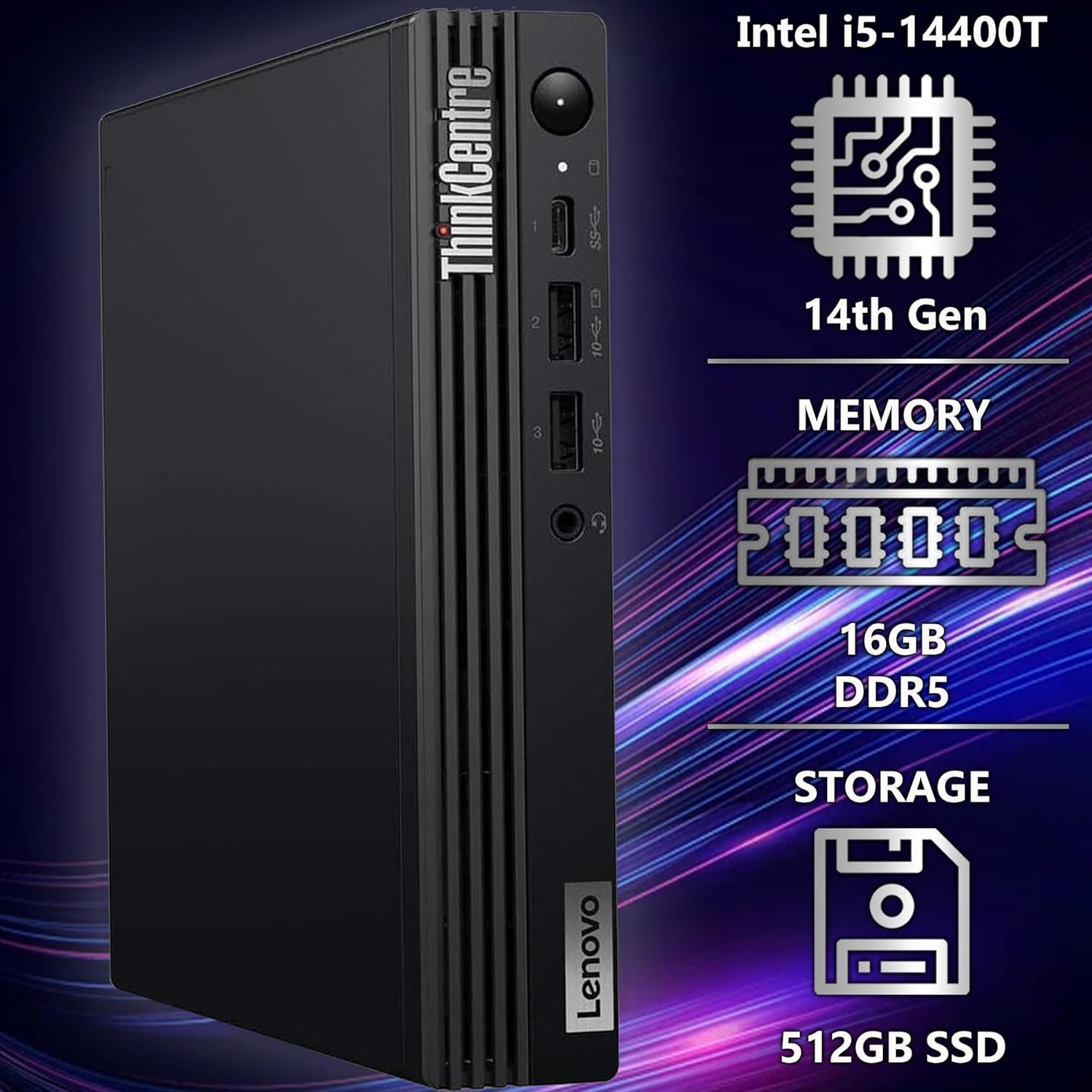 Lenovo ThinkCentre Tiny M70q G5 Intel Deca Core i5-14400T (Beats i7-13700T), 16GB DDR5, 512GB NVMe, DisplayPort, HDMI, WiFi 6, RJ-45, Wired KB & Mouse, Win 11 Pro, 3YR Wty, Business Desktop - Black