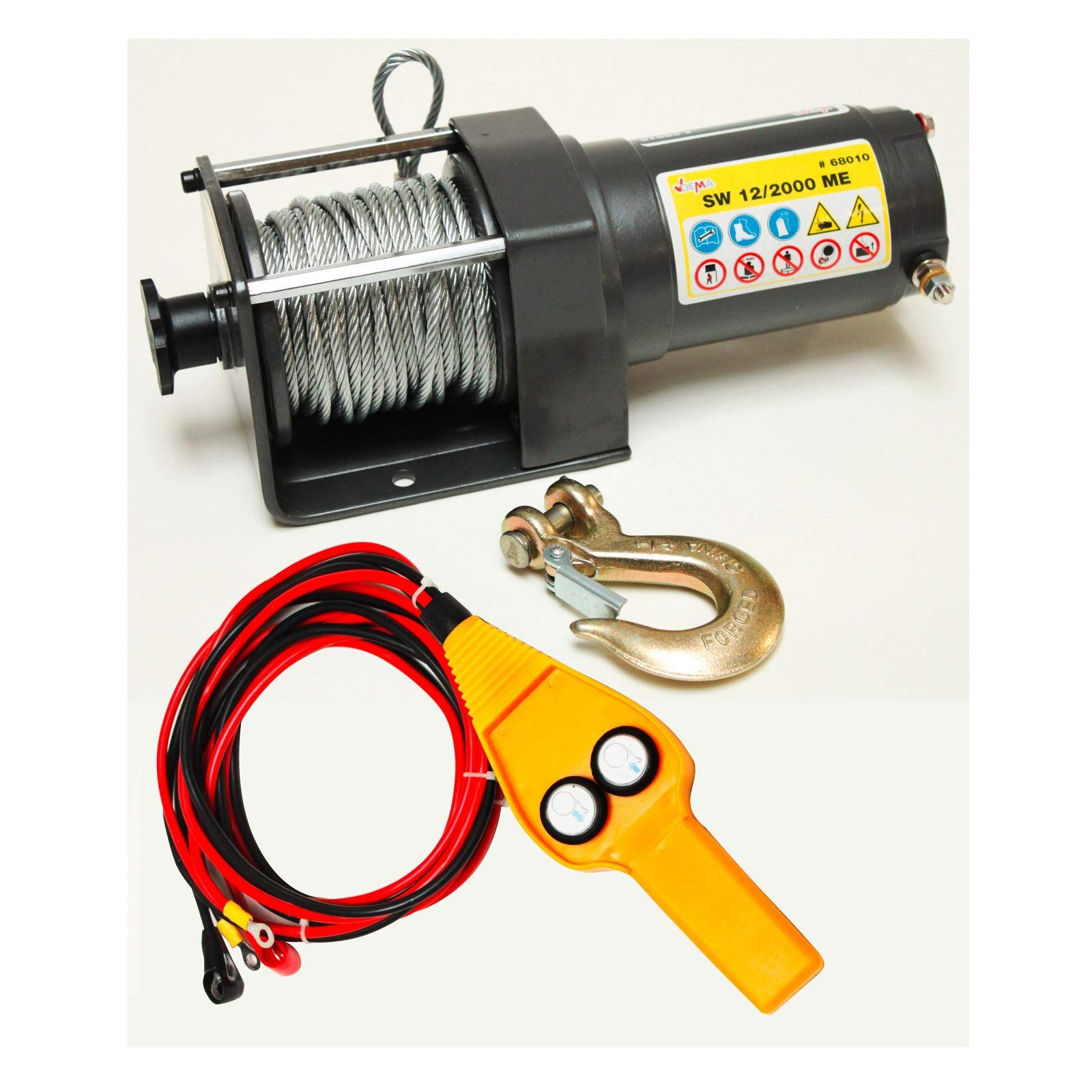 DEMA Offroad Seilwinde EW 2000 H, 12V, 15m Drahtseil, 1,8t Last, mit Fernbedienung, automatische Bremse, für Quads, ATVs, Geländewagen, inkl. Aufwickelhilfe