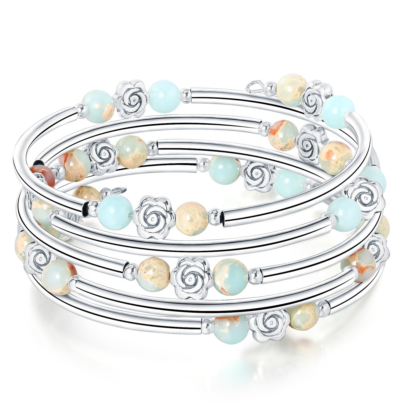 XIANNVXISilver Bangle Bracelet for Women,Ladies Bracelet,Layered Crystal Bracelet Beaded Bracelet 8mm,Stretch Silver Bangle Bracelets Anxiety Bracelet Jewellery Gifts for Women