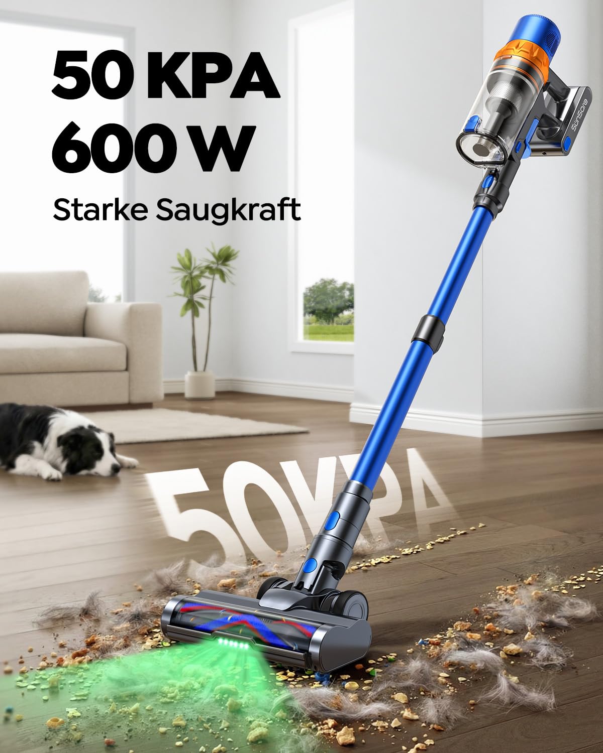 SunSare Akku Staubsauger Kabellos 600W/50000Pa/65Min, Akkustaubsauger mit 1M Schlauch, Aromafunktion, Flexibles Biegegelenk, Wandladehalterung, Automatikmodus für Hartböden Teppiche Tierhaare