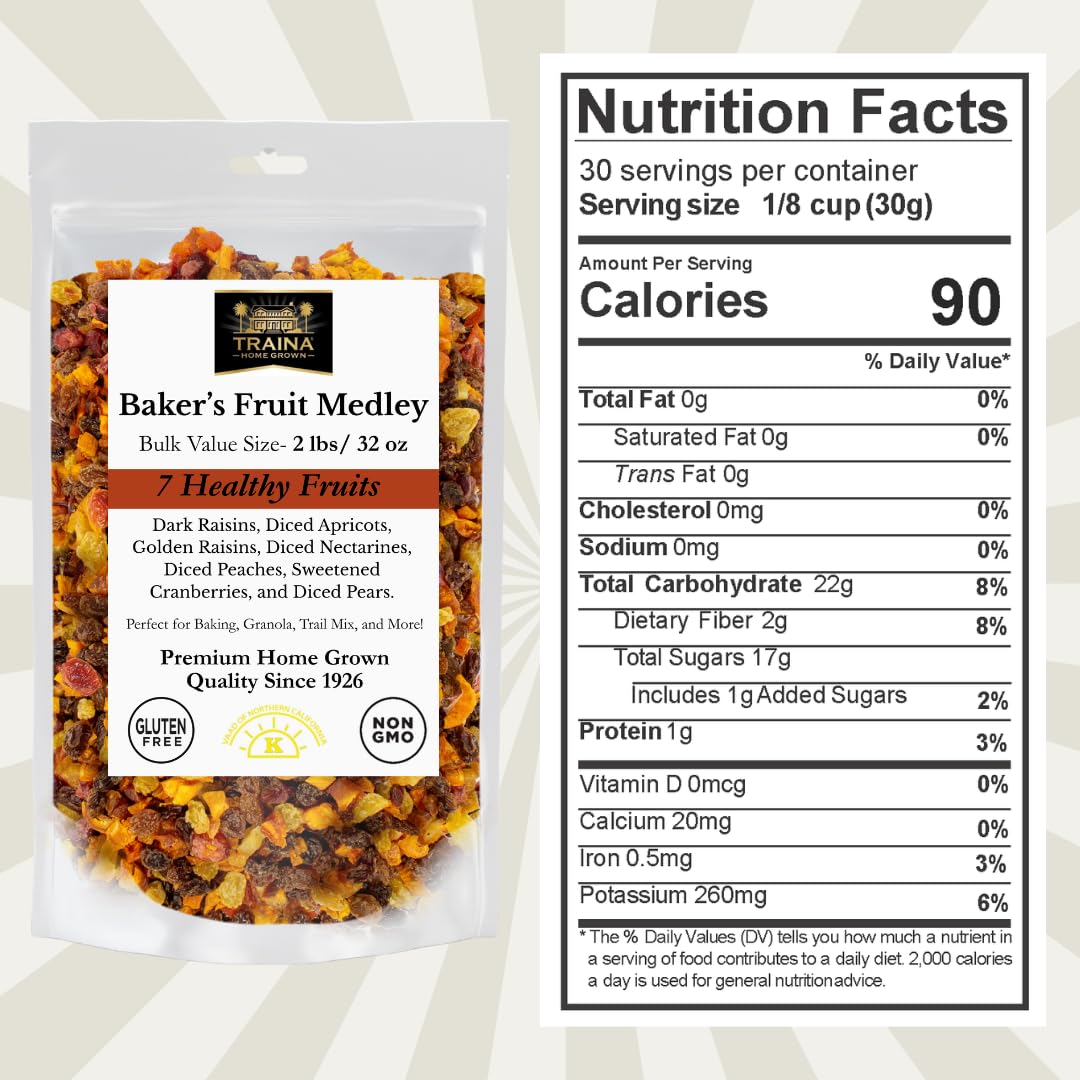 Traina Home Grown Baker’s Dried Fruit Medley - Raisins, Apricots, Peaches, Nectarines, Pears, Sweetend Cranberries - Non GMO, Gluten Free, Vegan, Healthy Real Fruit Snack in Resealable Pouch (2 lbs)