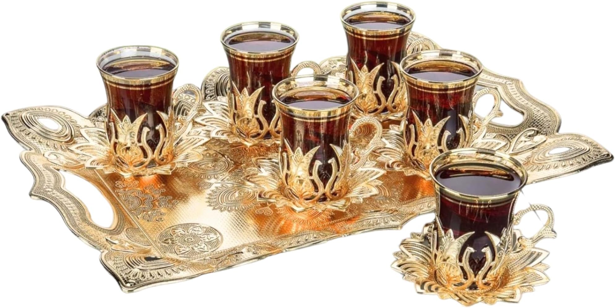 LaModaHome Vintage Handmade Turkish Tea Glasses with Saucer and Holders, Ottoman and Arabic Cups Set of 6 and Tray for Serving, Guests, Teatime, Dinner, Housewarming Gifts, Tableware - Gold