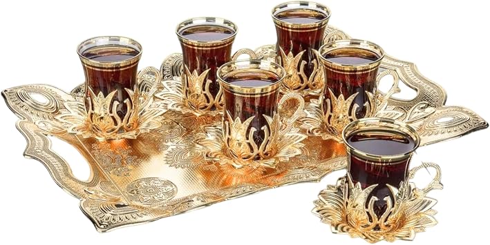 Vintage Handmade Turkish Tea Glasses with Saucer and Holders, Ottoman and Arabic Cups Set of 6 and Tray for Serving, Guests, Teatime, Dinner, Housewarming Gifts, Tableware - Gold