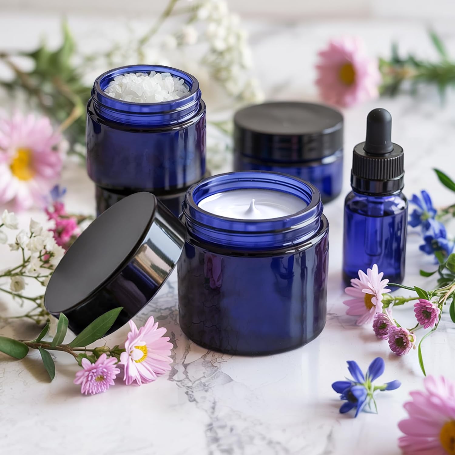 UPBUD 4 oz Blue Glass Jars with Lids - 32 Pack Cosmetic Containers with Inner Liners, Wide-Round Smooth Mouth, Sealable for Creams, Lotions, Essential Oils, Body Butter, Travel Samples