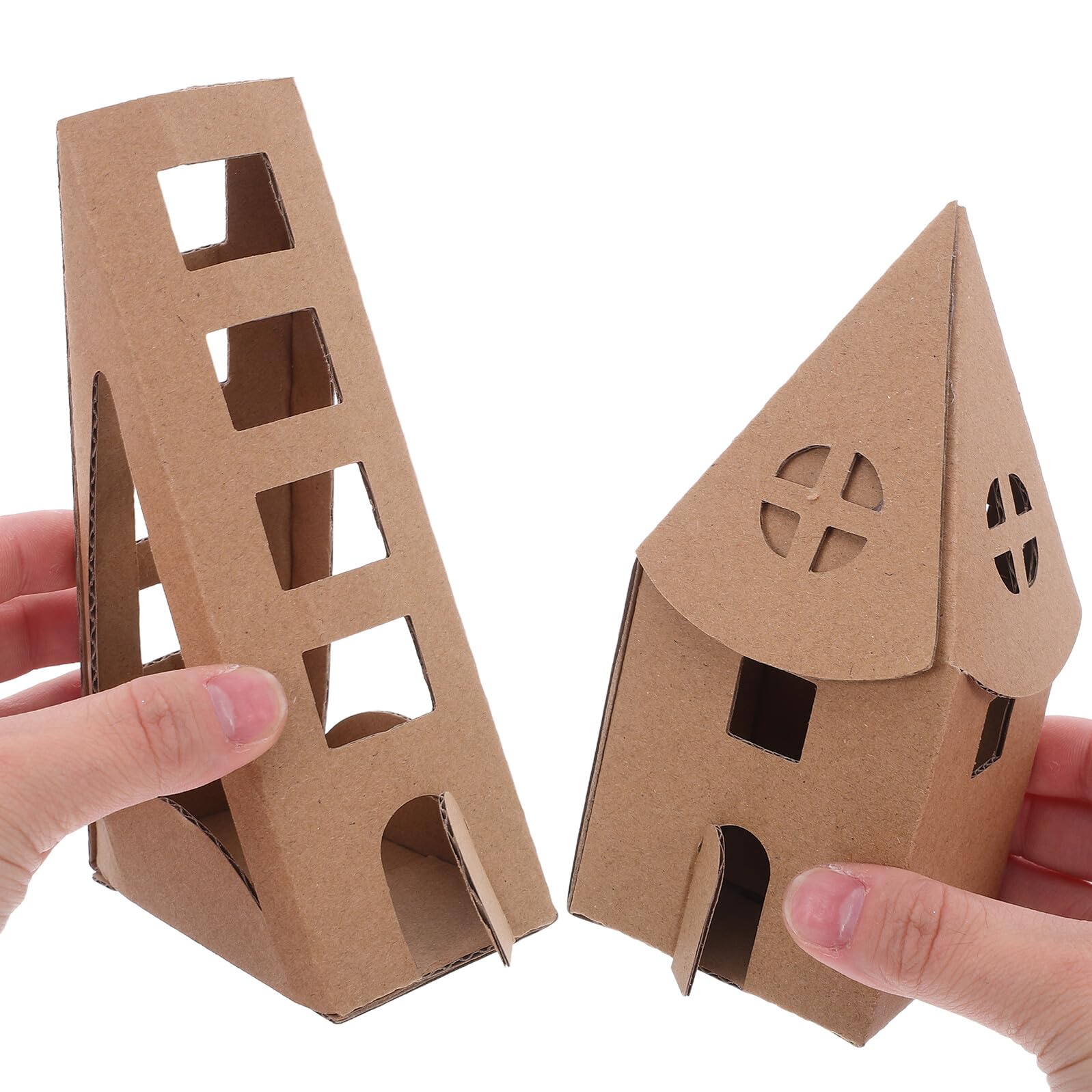 Casa de Cartón Infantil Miniatura, 1 Juego para Manualidades | Color Caqui, Papelboard, 23 Piezas, Formas Iglesia, Cuadrada y Rectangular, para Preescolar y Juego