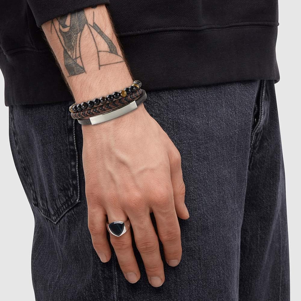 Leren armband voor dames en heren met magneetsluiting van roestvrij staal, gevlochten armband voor heren en exclusief sieradendoosje voor heren, 18.5CM, Nikkel roestvrij staal