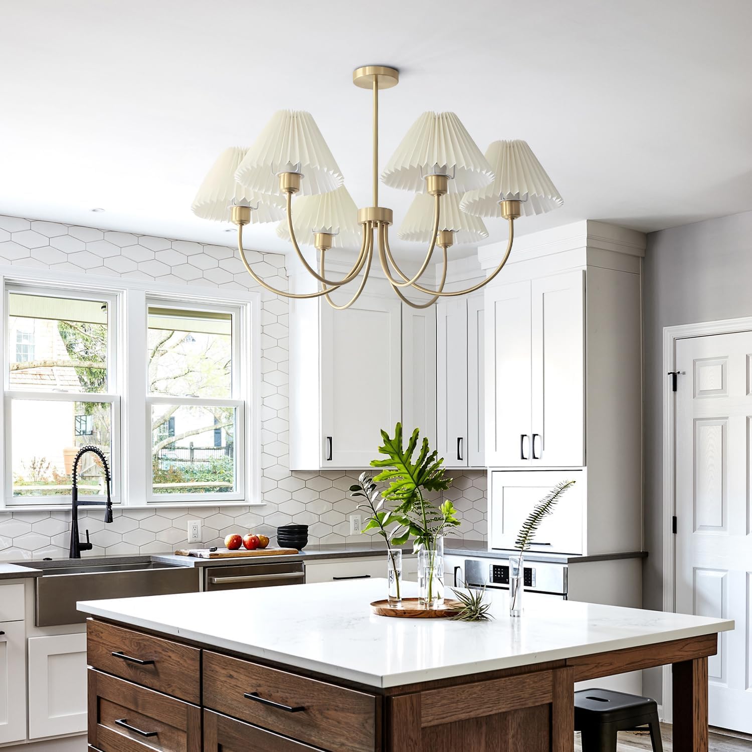 KCO Lighting Kronleuchter Gold 6-Flammig — Pendelleuchte mit Plissierten Stoffschirmen, E27, Höhenverstellbar für Esszimmer & Wohnzimmer