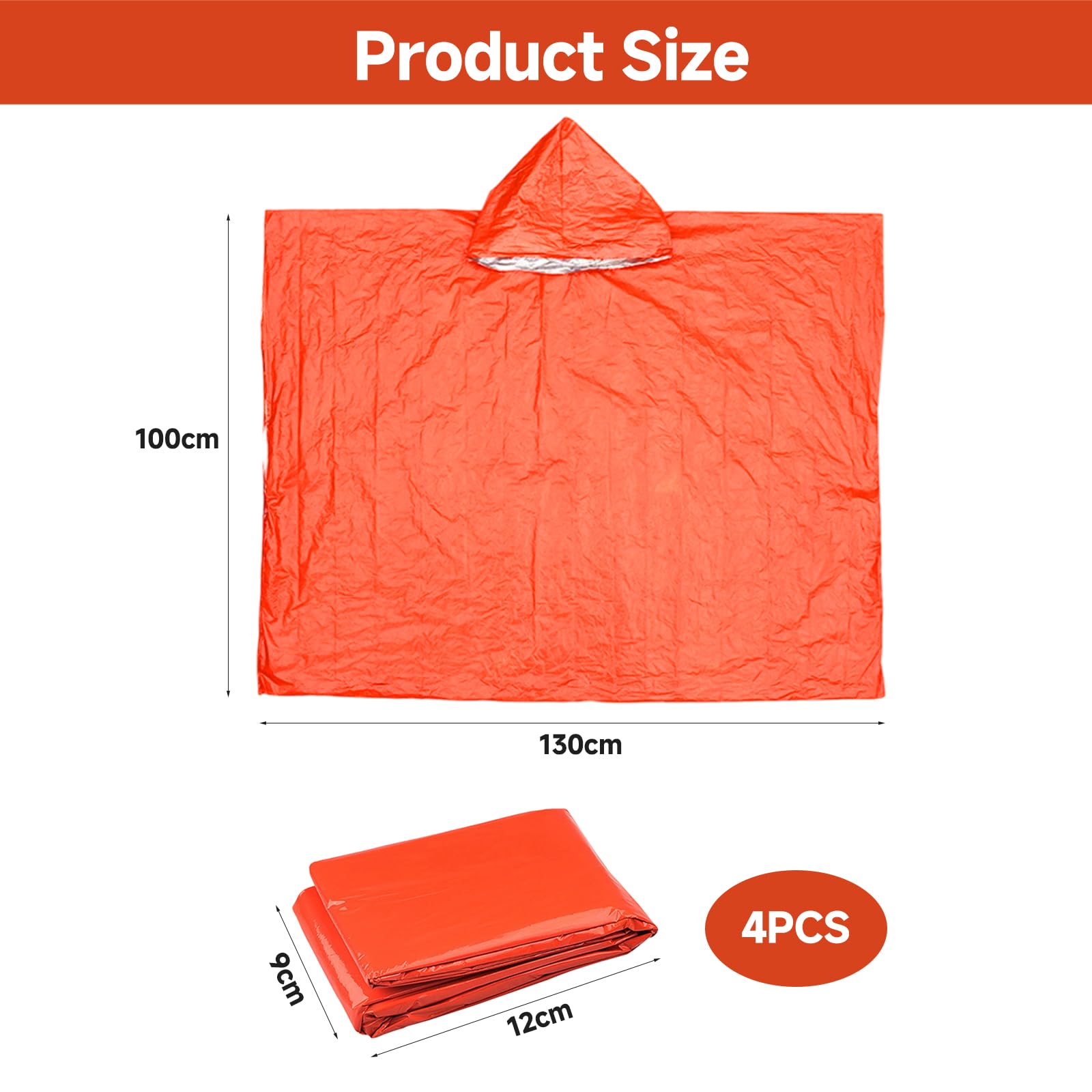 4 Piezas Poncho de Supervivencia, para Camping, Senderismo, Viajes y Primeros Auxilios, Manta Térmica de Emergencia Impermeable y Reversible con Capucha, Retiene el Calor