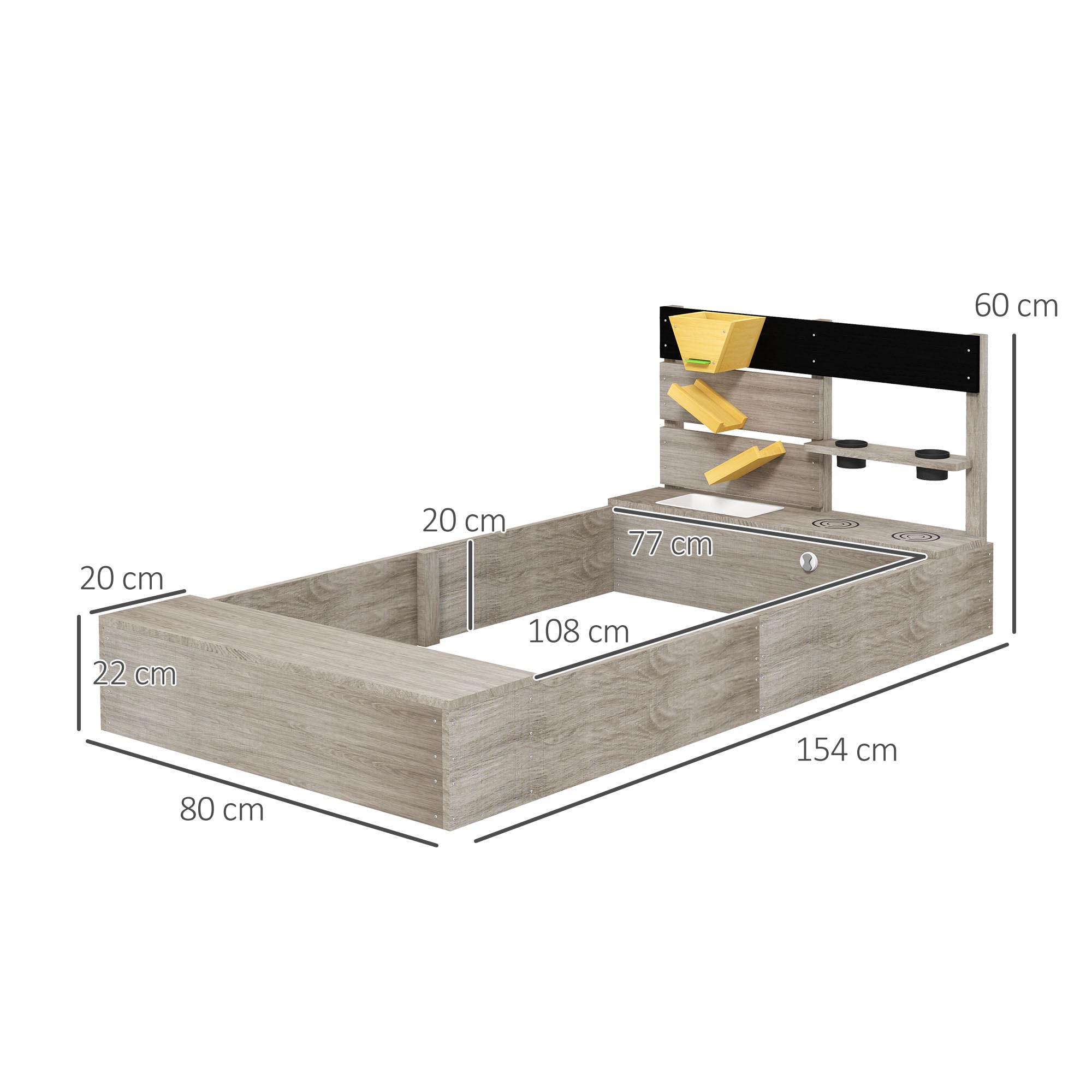 Outsunny Arenero para Niños de Madera Arenero Infantil con 2 Asientos 2 Cajas para Plantar y Juguete de Cocina para Patio Jardín 154x80x60 cm Gris