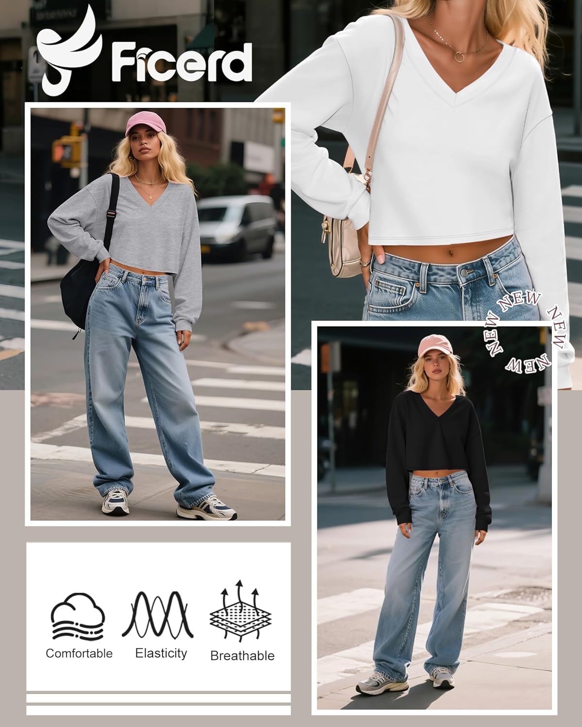 Ficerd 3 Pack Women's Crop Long Sleeve Tops V Neck Loose Cropped T Shirts Drop Shoulder Casual Basic Fall Winter Boxy Tees - Image 5