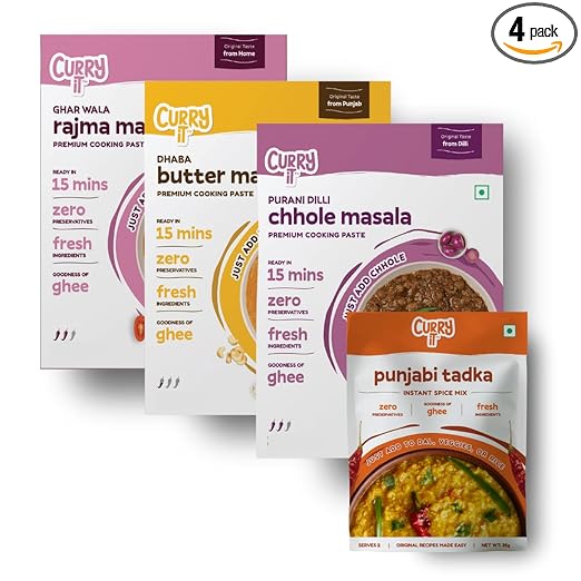 North India Masala Kit | Rajma, Chole, Butter Masala & Punjabi Dal Tadka | Ready to Cook Curry Paste & Instant Tadka Mix | Pack of 4-400g