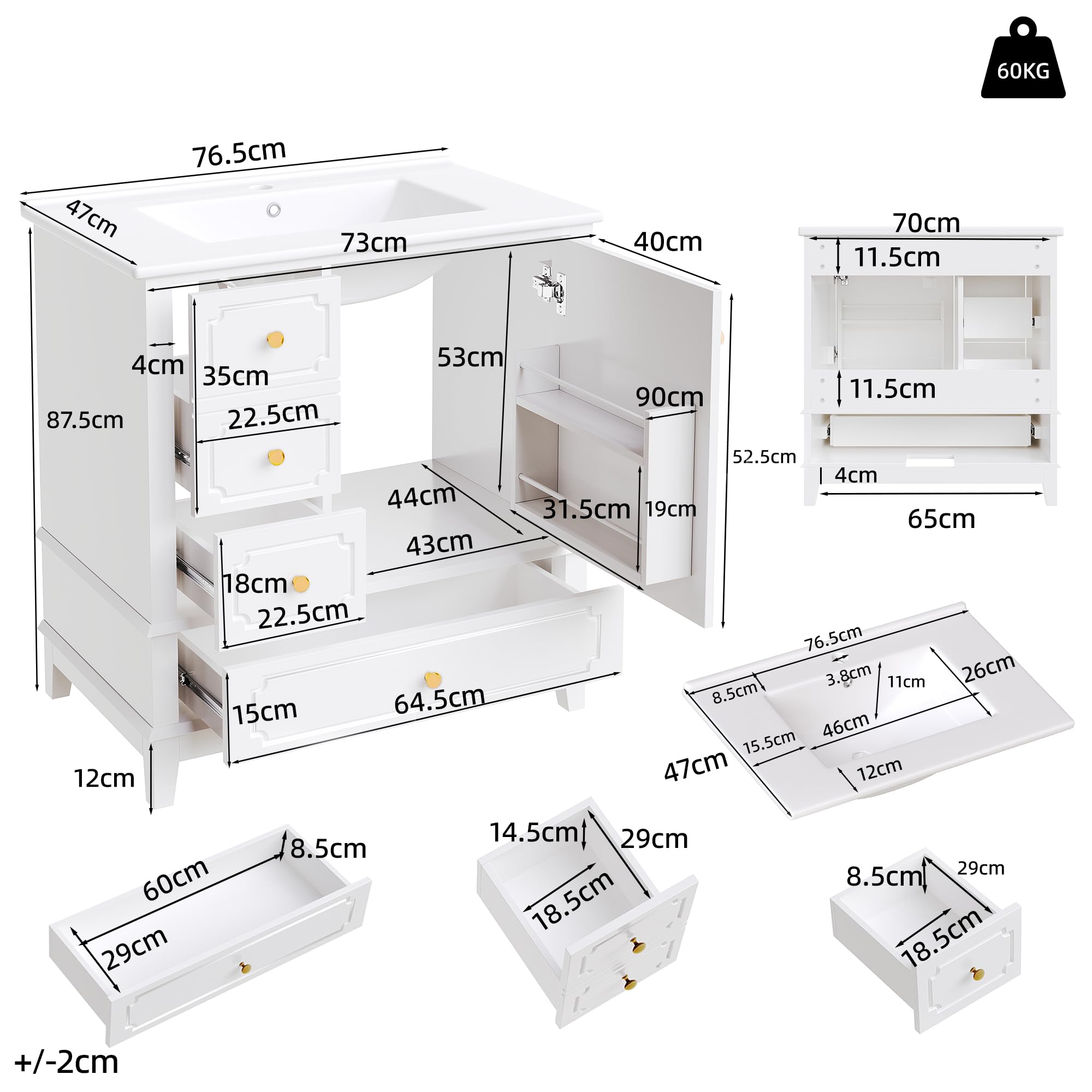 Armario para lavabo de baño, 76,5 x 47 x 87,5 cm, con lavabo de cerámica, asas doradas, antibacteriano, color blanco, con orificio de rebosadero y mucho espacio de almacenamiento