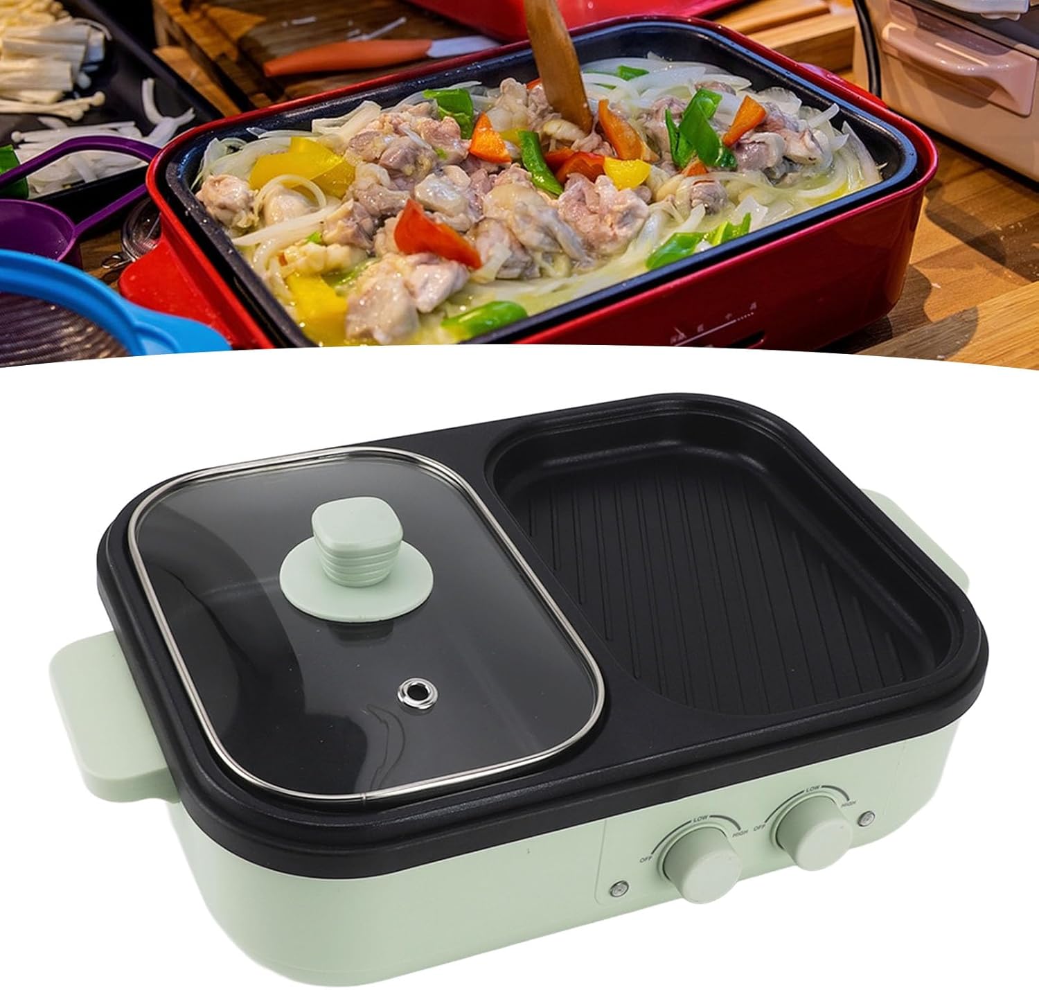Olla Eléctrica Topyond 1300W con Divisor, Antiadherente, Verde
