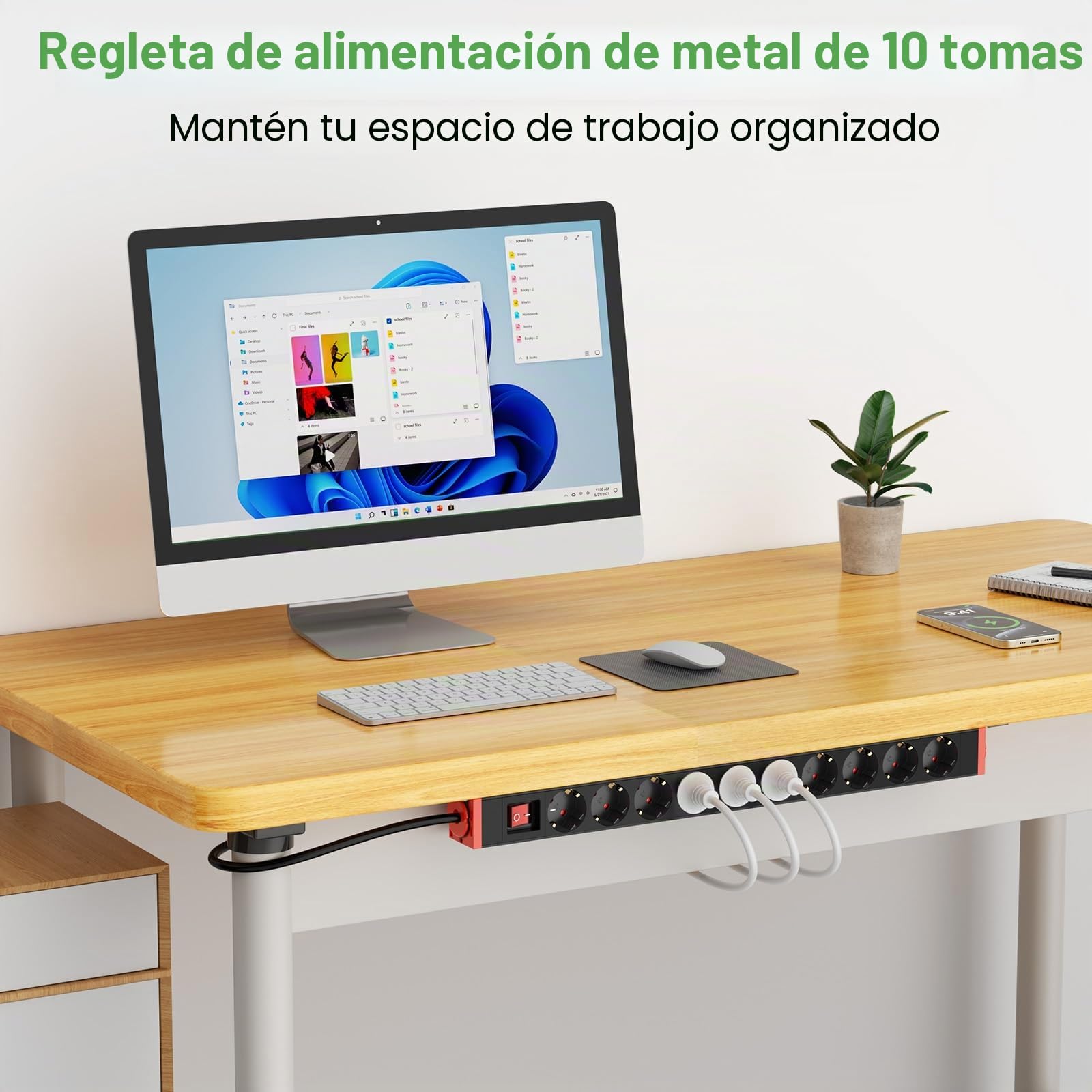 Regleta de 10 enchufes con protección contra sobretensiones, aluminio, enchufe múltiple de pared con interruptor, soporte giratorio de 360°, para oficina, industria, cable de extensión de 1,8 cables