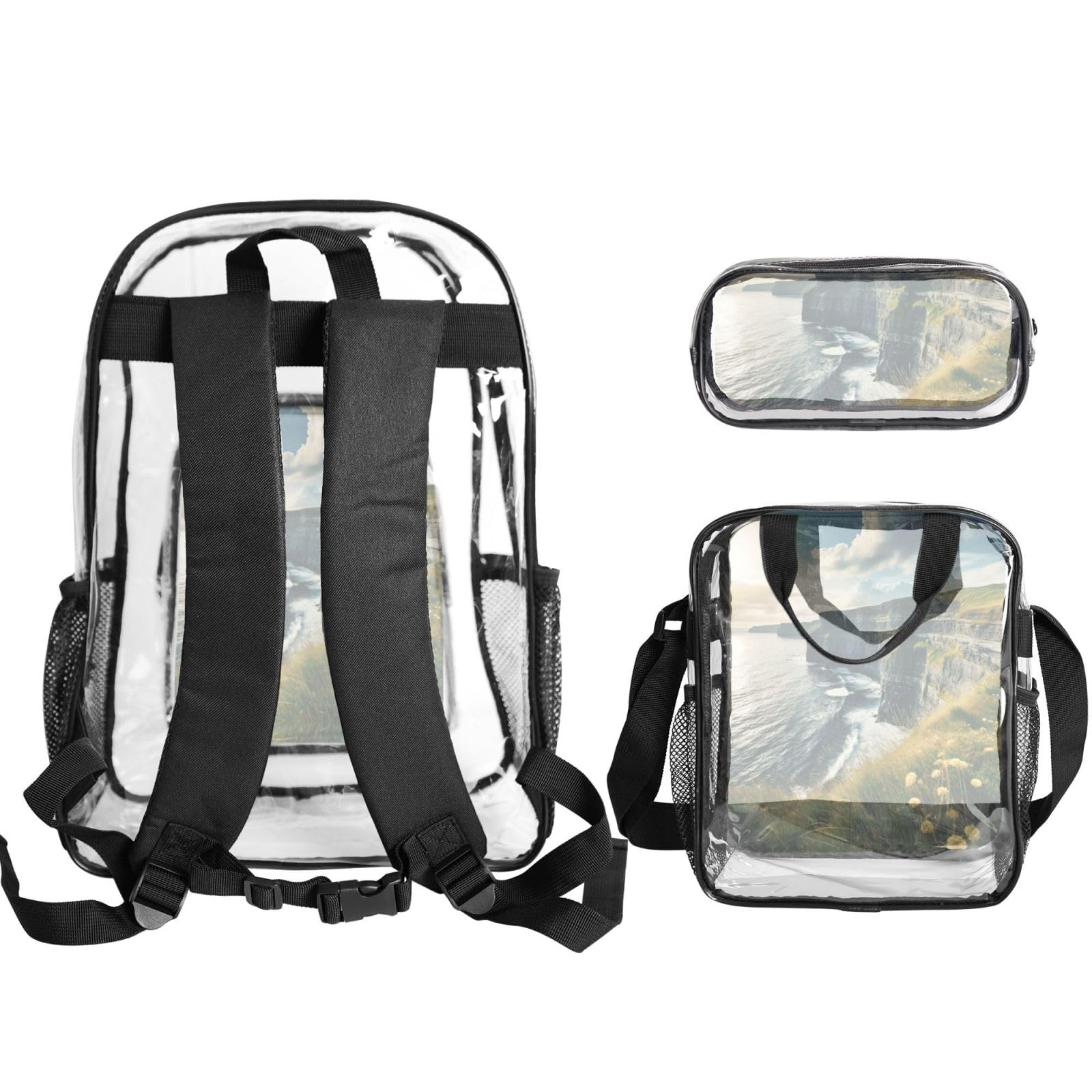 Ireland Outdoors County Clare The Cliffs Set zaino stampato 3 in 1 Set di borse trasparenti per scuola, lavoro, stadio, eventi e trasporto quotidiano