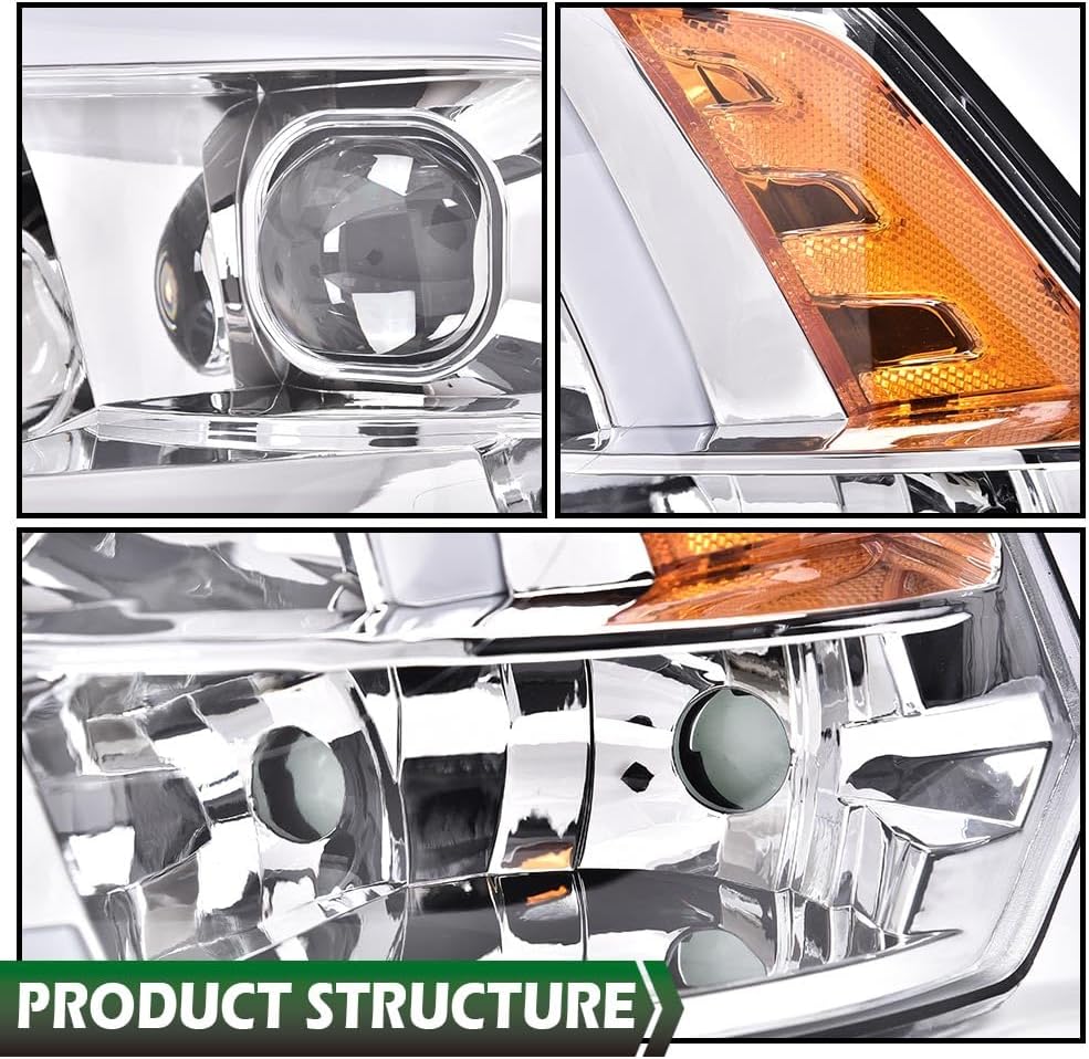 GRAND ORANGE LED DRL Headlights Assembly Compatible with Dodge Ram 1500 2500 3500 2009-2012 Left & Right Head Lamps Clear Lens Chrome Housing Amber Reflector