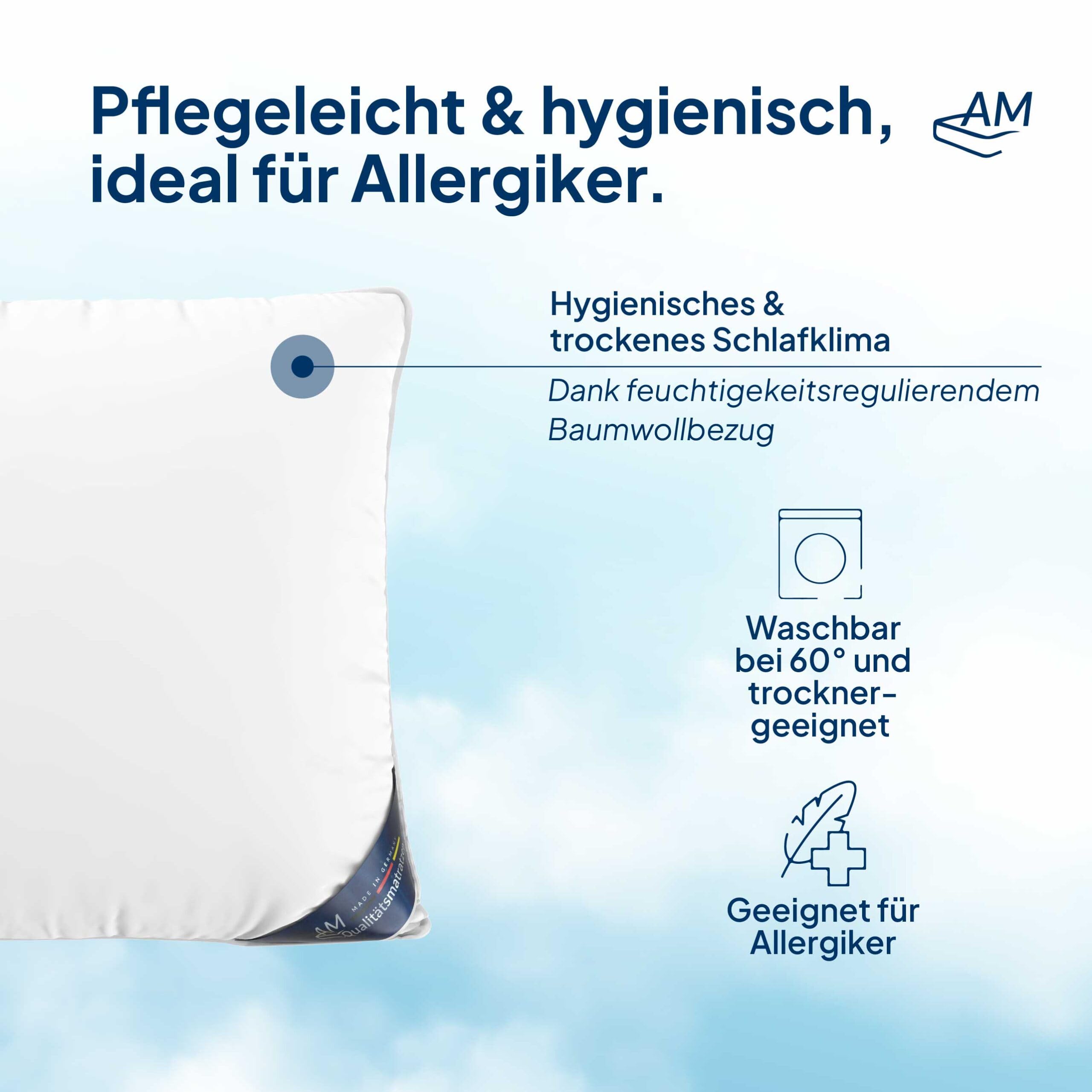 Daunenkissen 80x80 - Made in Germany 3 Kammer Kopfkissen 80x80cm - Außenkammer aus 100% Daune - Federkissen 80 x 80 cm Allergiker geeignet - Kopfkissen 80x80 Federn und Daunen Füllung