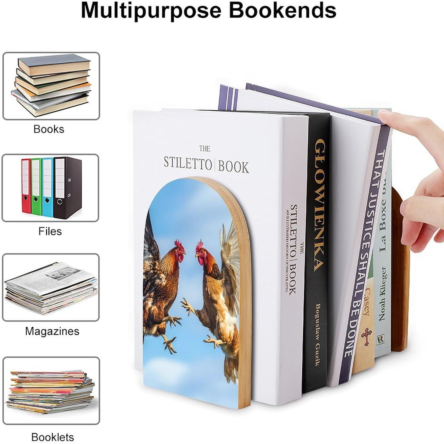 Two Fighting Chickens Cute Wood Book Ends Decorative Bookends 1 Pair Non-Skid for Shelves Home Office 7 X 5 Inch