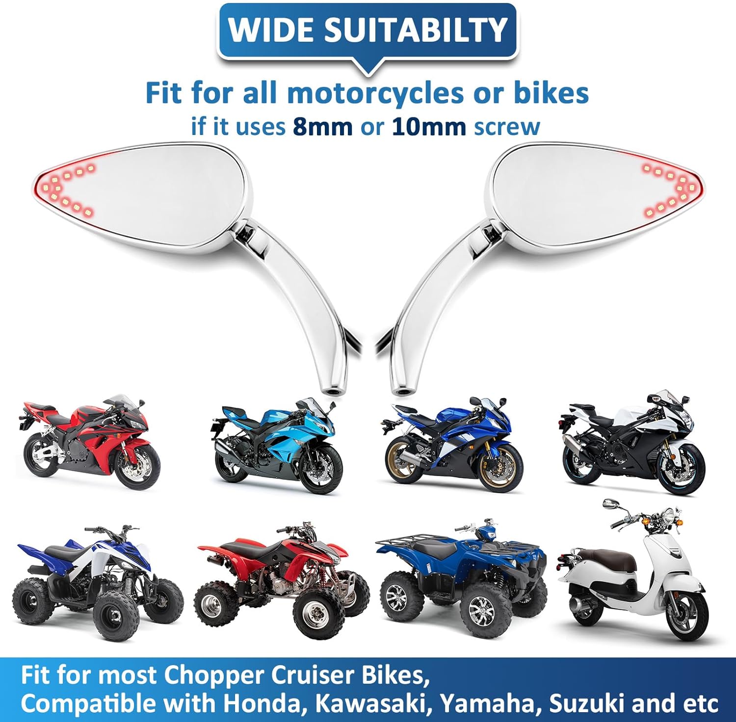 Wsays Motorcycle Mirrors with Brake & Turn Signal Rear LED Mirror Teardrop for 8mm/10mm Screw Compatible with Honda fit Kawasaki fit Yamaha fit Suzuki fit Most Chopper Cruiser Bikes, Chrome