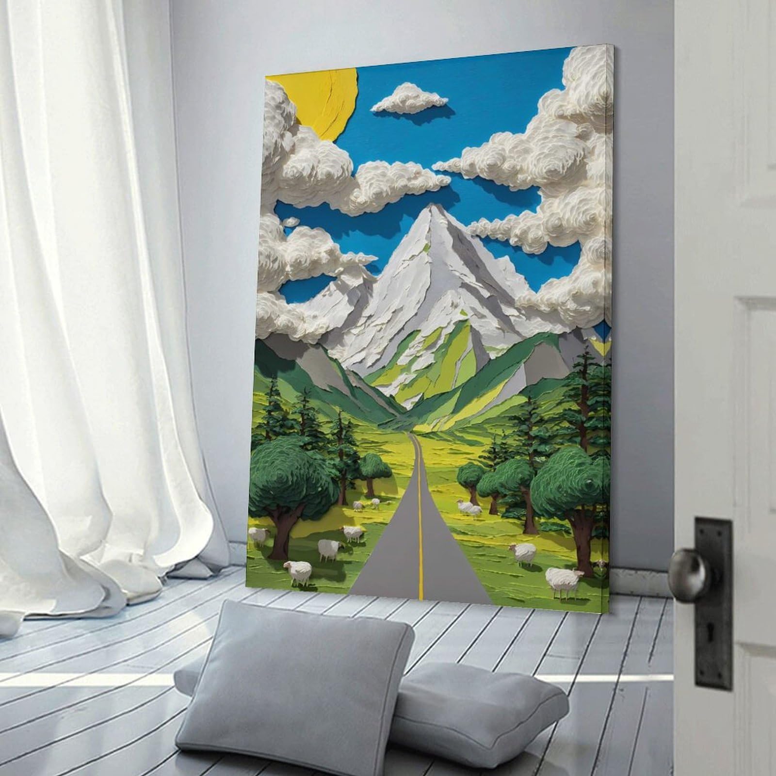 Junmoney Wall Decor Canvas Print Papercraft Mountain Landscape with Sheep, 20x30inch(50x75cm), for Home Lounge, Bedroom Or Reading Nook, Canvas Styling for A Polished Room Look