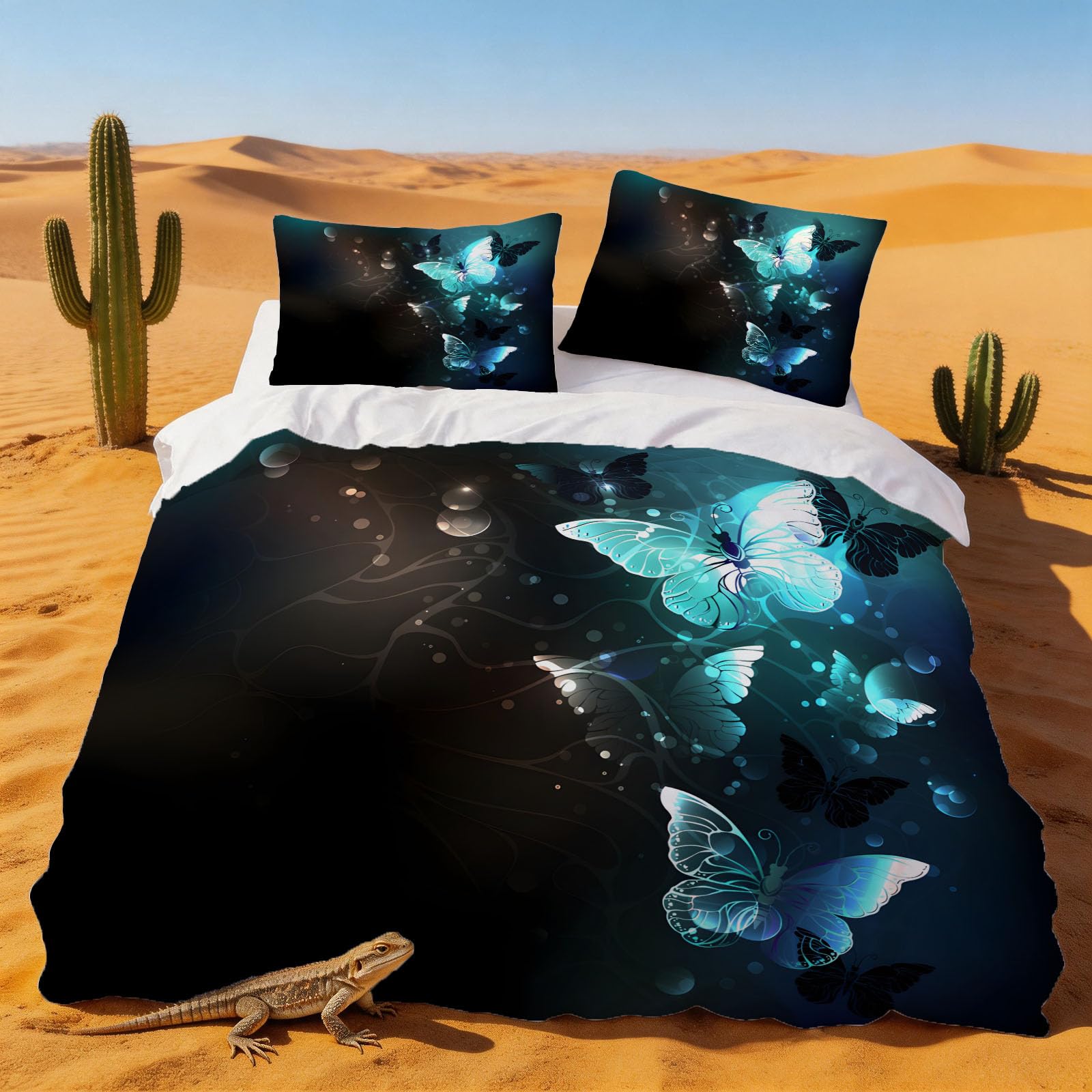 Housse de couette 200x200 papillon avec taies d'oreiller en microfibre pour lit 2 personnes