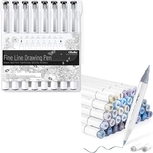 Ohuhu Fineliner - Bolígrafos de 8 tamaños, micro bolígrafos pigmentos, tinta negra, impermeables, a prueba de alcohol, marcadores de pincel, puntas