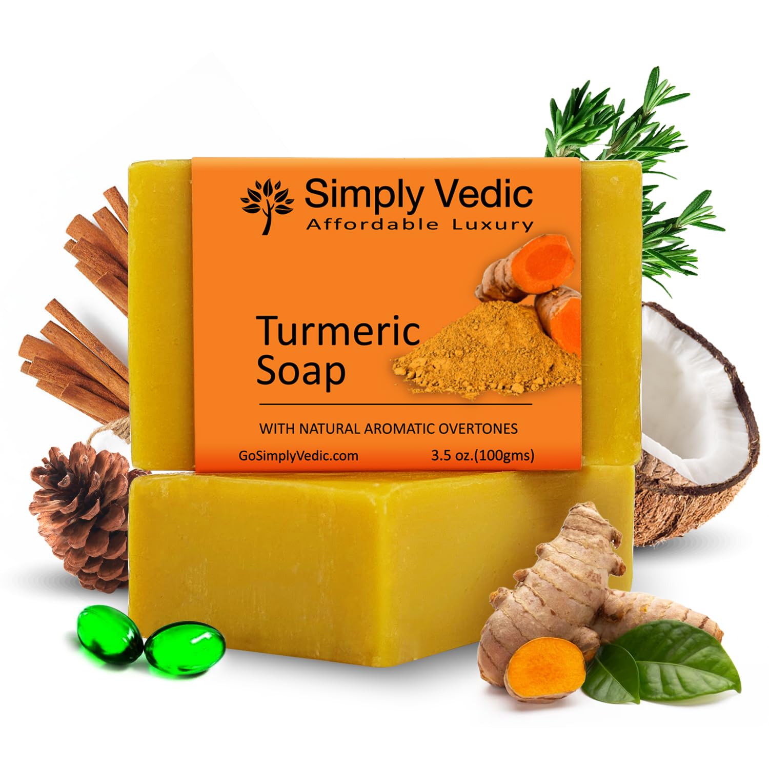 Simply Vedic Turmeric Cold Pressed Soap Bar for Deep Exfoliation, Control Dark Spot Acne, Glowing Skin| Hand-Made Organic Natural |Paraben & Sulphate Free |For Men Women All Skin Face Body Bath (100gms)