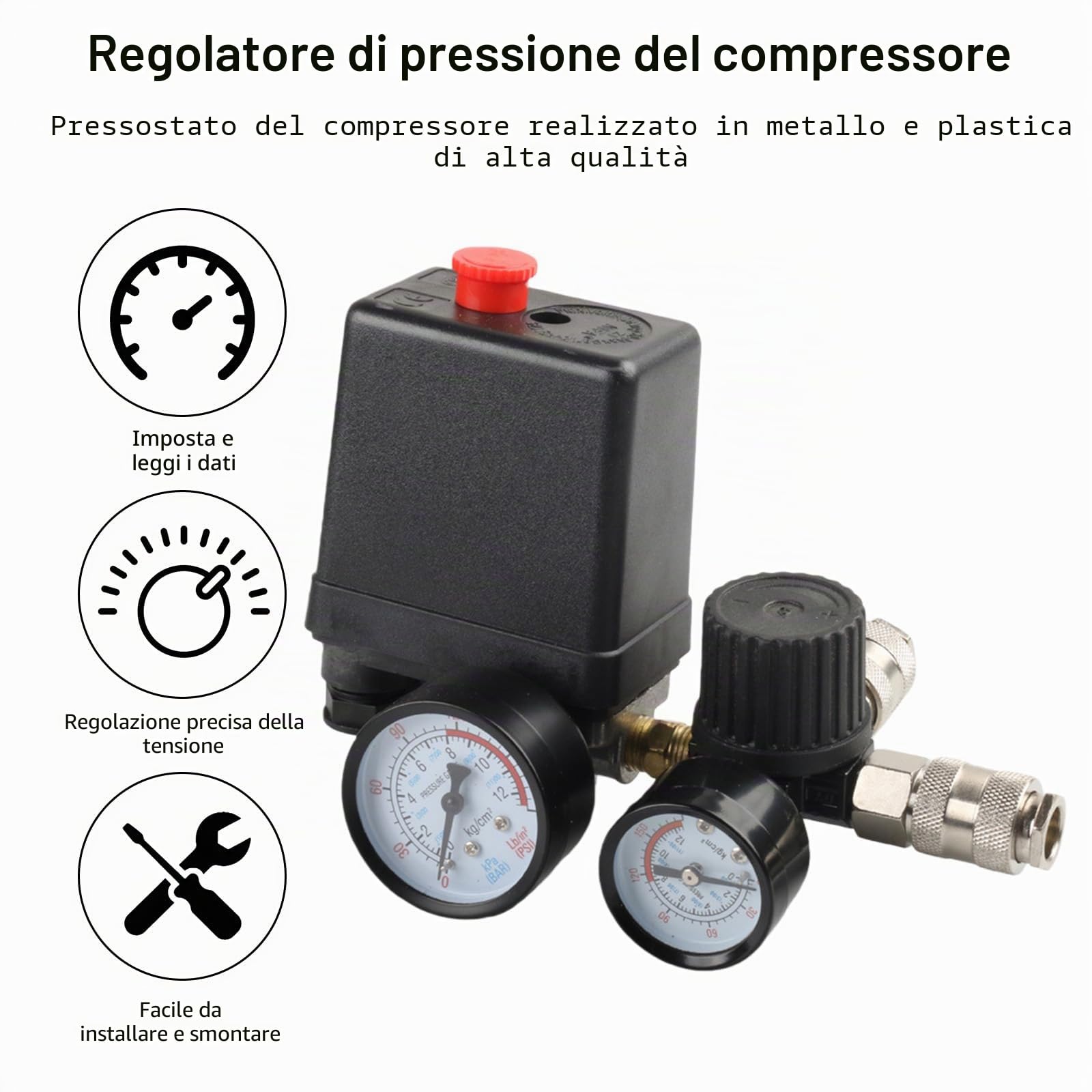 Pressostato compressore regolatore di pressione, compressore d'aria 220 V con 2 manometri, regolatore interruttore compressore valvola di controllo, 90 – 120 PSI compressore d'aria compressore