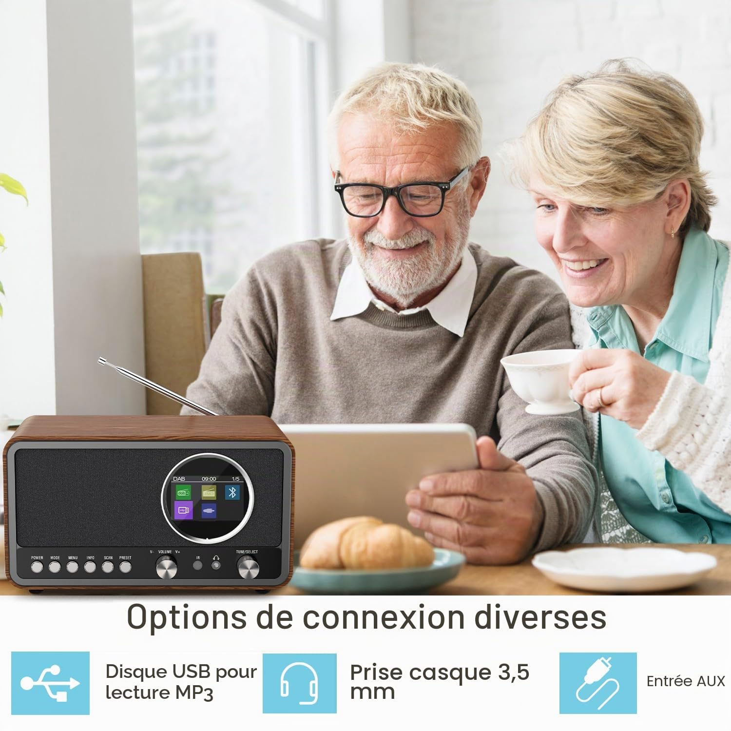 Monodeal radio portable (DAB+, FM, réveil, haut-parleur HiFi 5 W, prise casque, écran TFT, commande des touches), radio-réveil avec 60 préréglages
