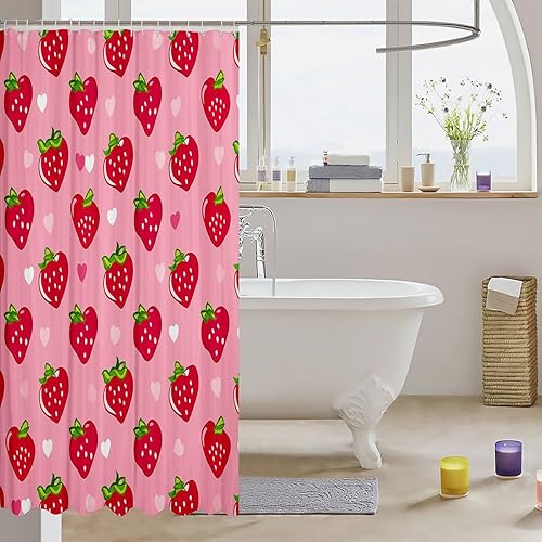 Miniatura 3 de Cortina de baño de fresa roja, 72 pulgadas de ancho x 72 pulgadas de largo, cortina de ducha de frutas kawaii, juego de cortina de ducha para tinas