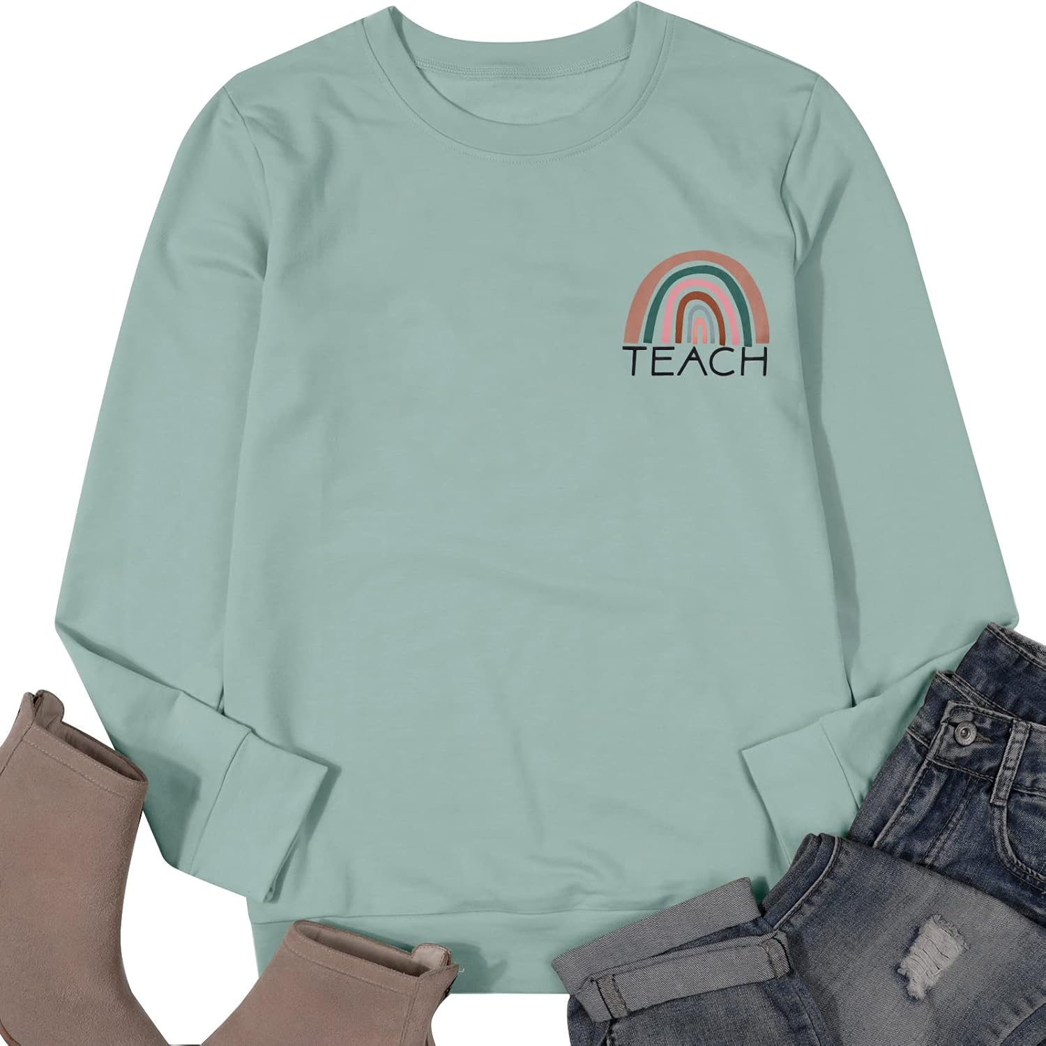 Teacher Sweatshirt Womens Funny Rainbow Graphic Tee Inspirational Teach Shirt Casual Long Sleeve Pullover Tops - Image 2
