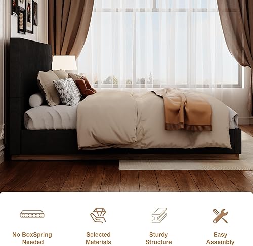 Miniatura 7 de Base de cama Queen con cabecero, plataforma tapizada de terciopelo con base de madera cerrada, estructura de metal y soporte de listones de madera,
