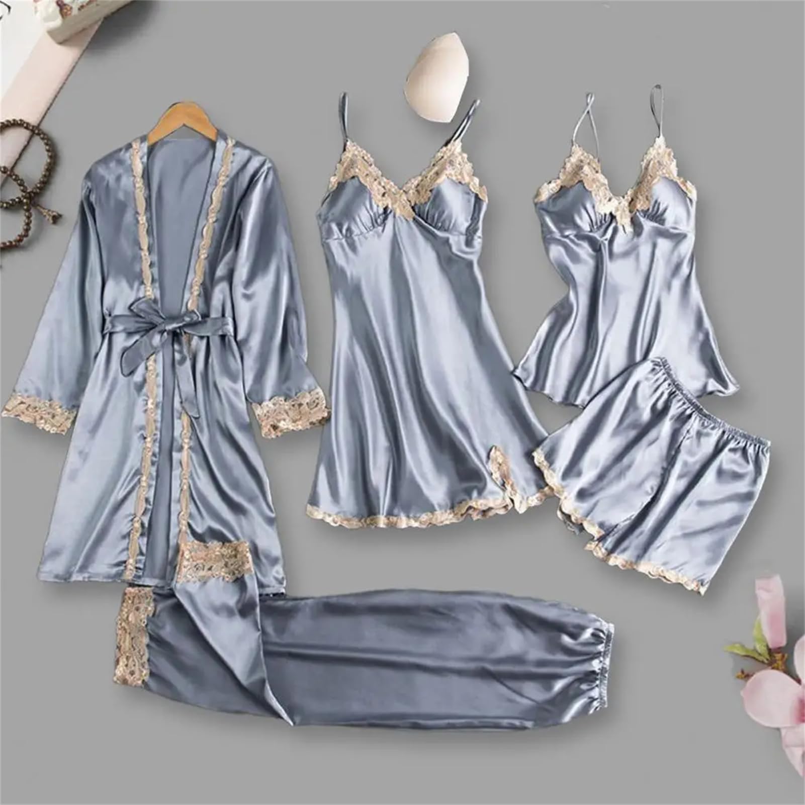 5-teiliges Damen-Pyjama-Set, Nachthemd, Oberteil, Shorts, Hose, seidiger Satin, Spitze, Schnürung, Taille, Nachtwäsche-Set