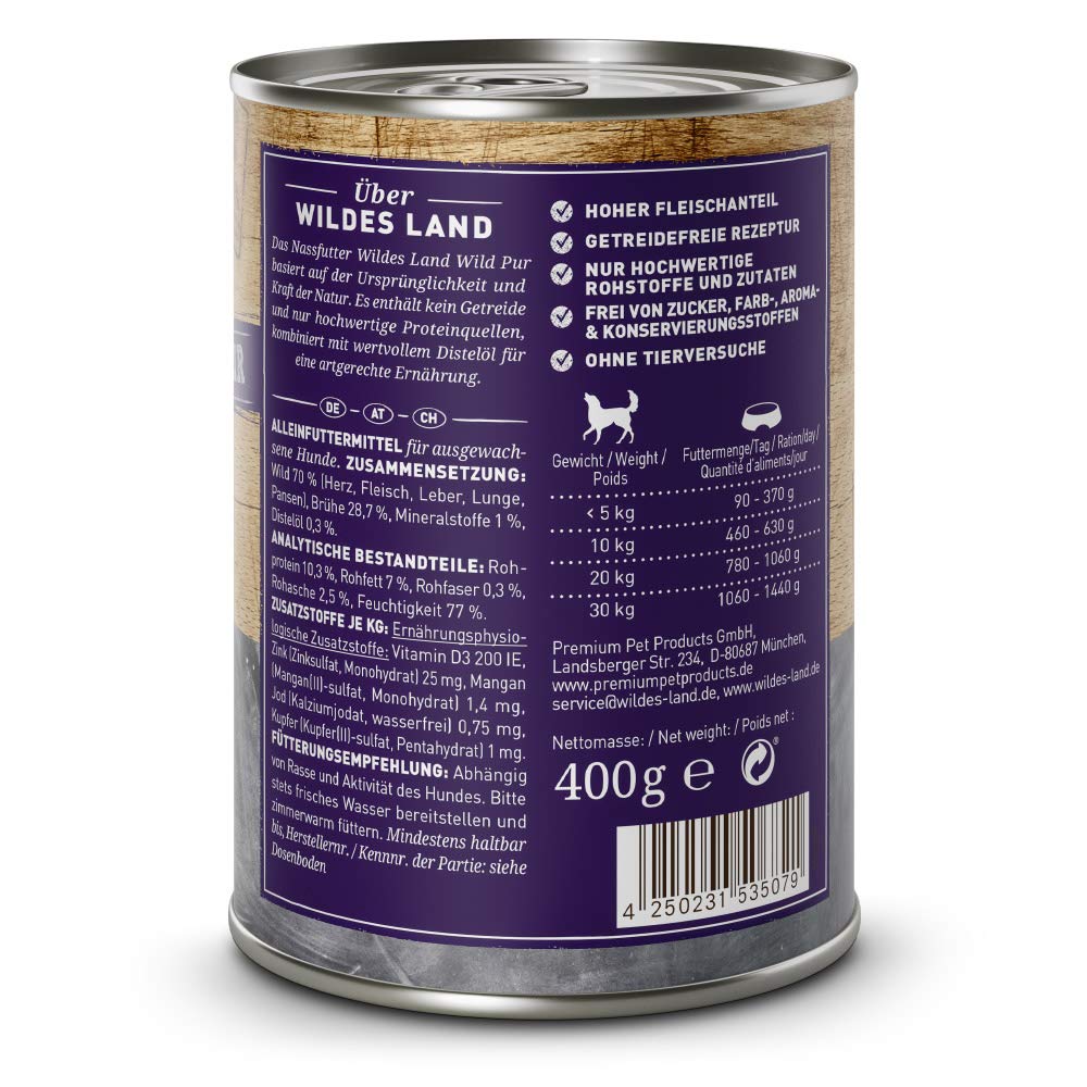 Wildes Land - Wild PUR - 12 x 400 g - Mit Distelöl - Nassfutter für Hunde - Hoher Fleischanteil - Getreidefrei und Glutenfreies Hundefutter