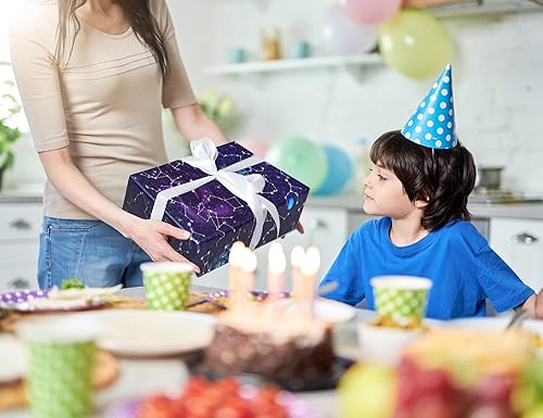 Miniatura 8 de GIOLNIAY Papel de regalo de galaxia para niños y niñas, cumpleaños, baby shower, envoltura de regalo con estrellas de neón, cielo estrellado de