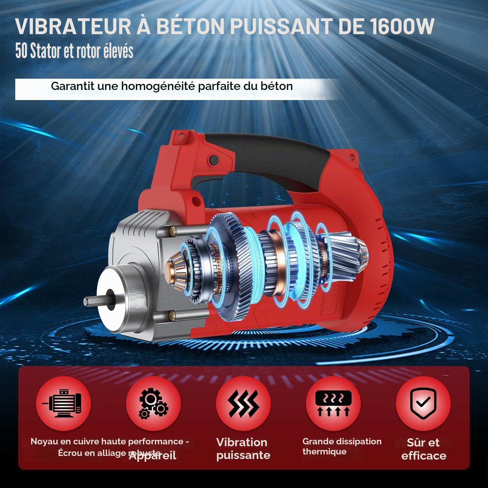 IMAYCC1600W Vibrateur en Béton avec Sangle de suspension réglable,Vibrateur de Construction Electrique 5000 tr/min,Longueur de Cuivre Tige Vibrante 2M,Diamètre de l'arbre de Vibration 38mm